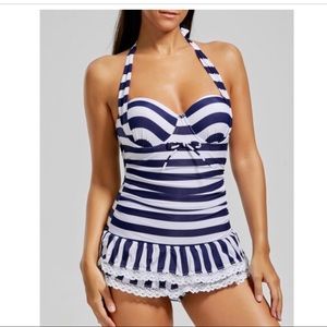 NEW Halter Striped Skirted One Piece Swimsuit